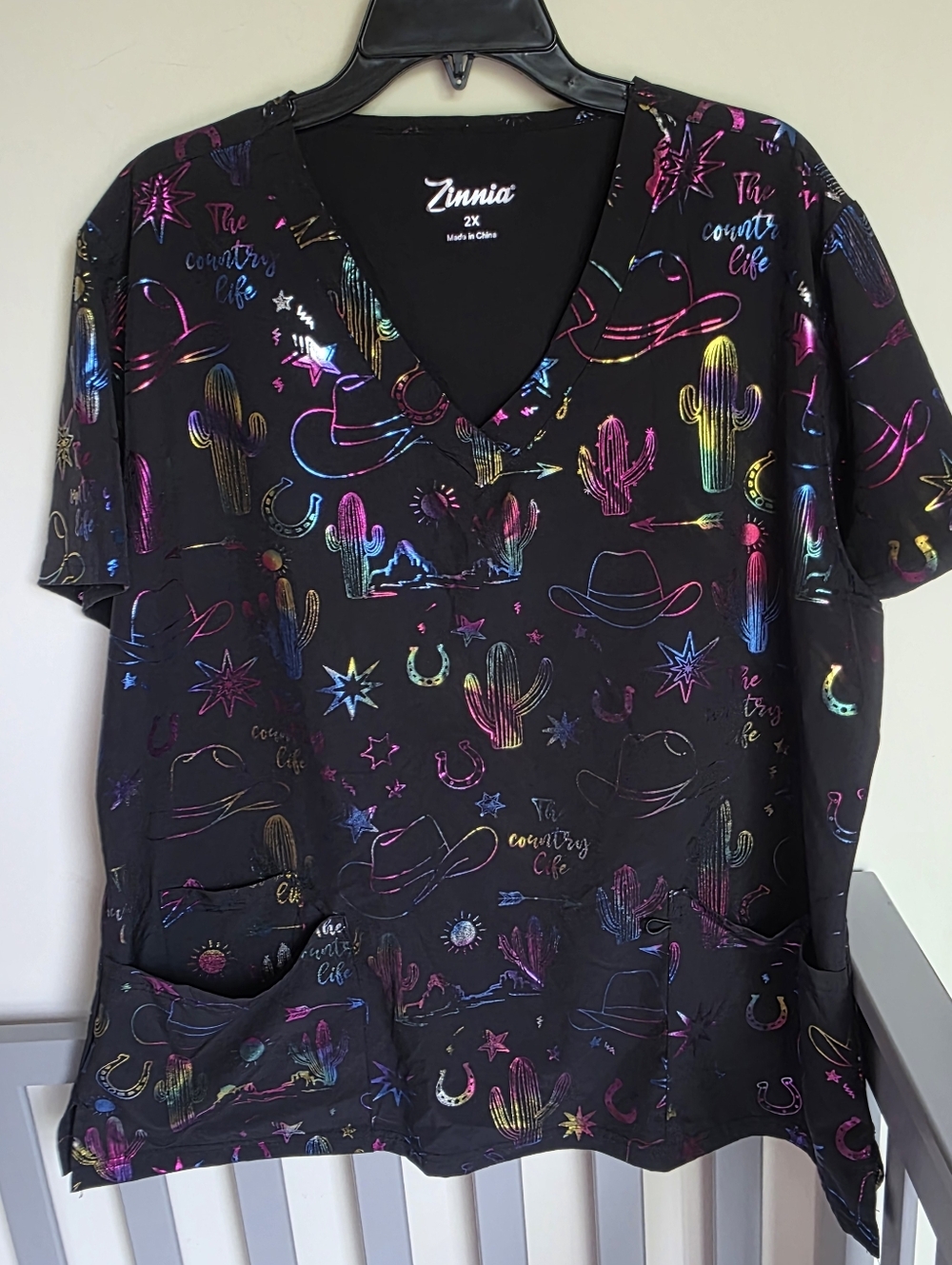 Zinnia V-Neck Scrub Top in Black with Rainbow Foil Western Print Size 2x